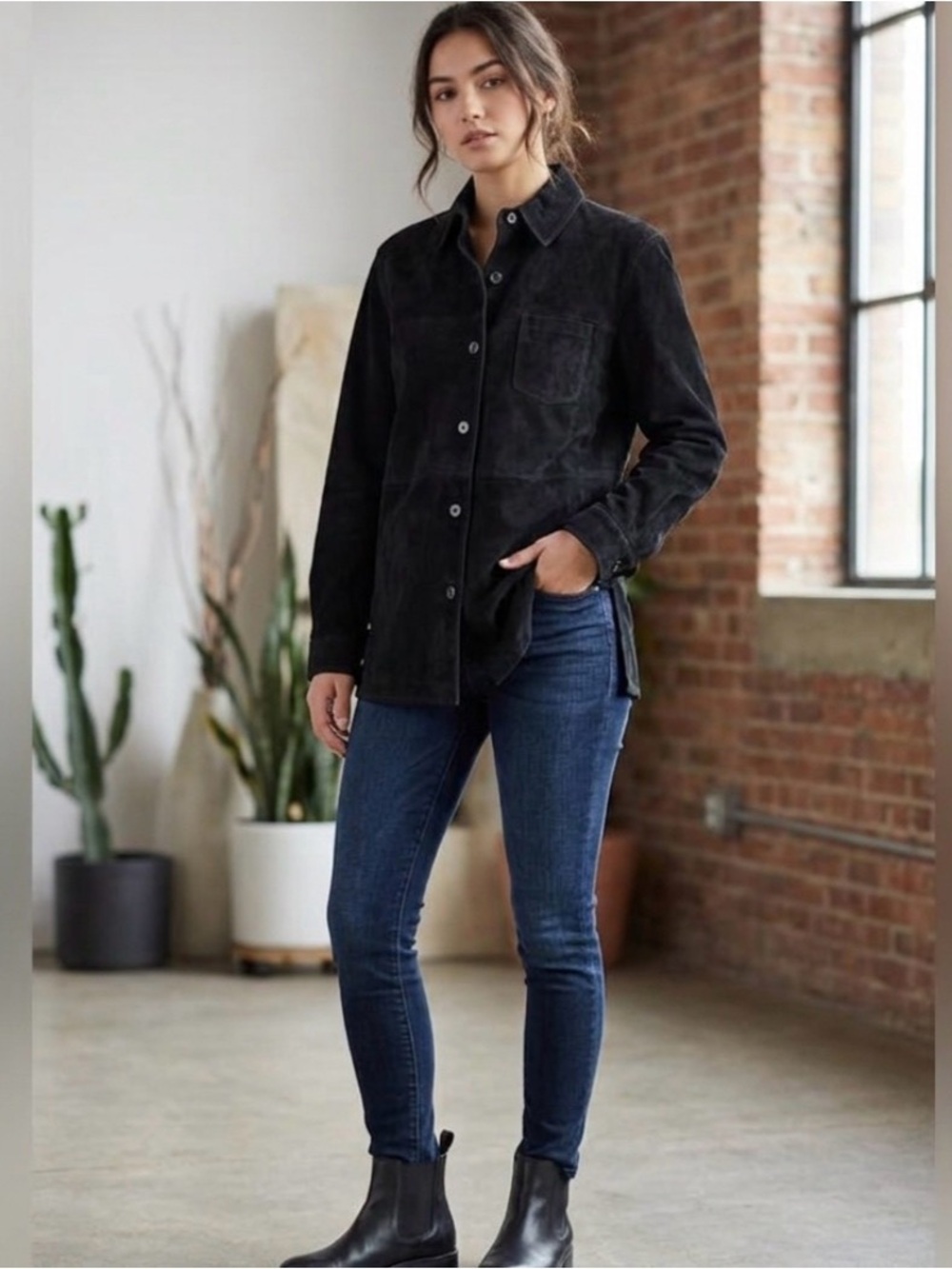 Y2K Vintage Sonoma Women's Black Genuine Suede Leather Shirt Jacket. Size Large